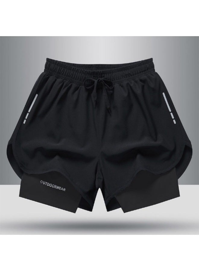 إسكدنيا Men's Swimming Trunks Men's Quick-dry Running Training Beach Sand European And American Women Double-layer Embarrassment Prevention-Color:gray Six-piece Set- - Image 2