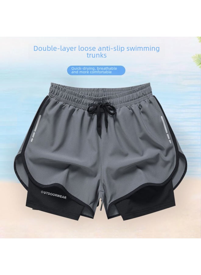 إسكدنيا Men's Swimming Trunks Men's Quick-dry Running Training Beach Sand European And American Women Double-layer Embarrassment Prevention-Color:gray Six-piece Set- - Image 3