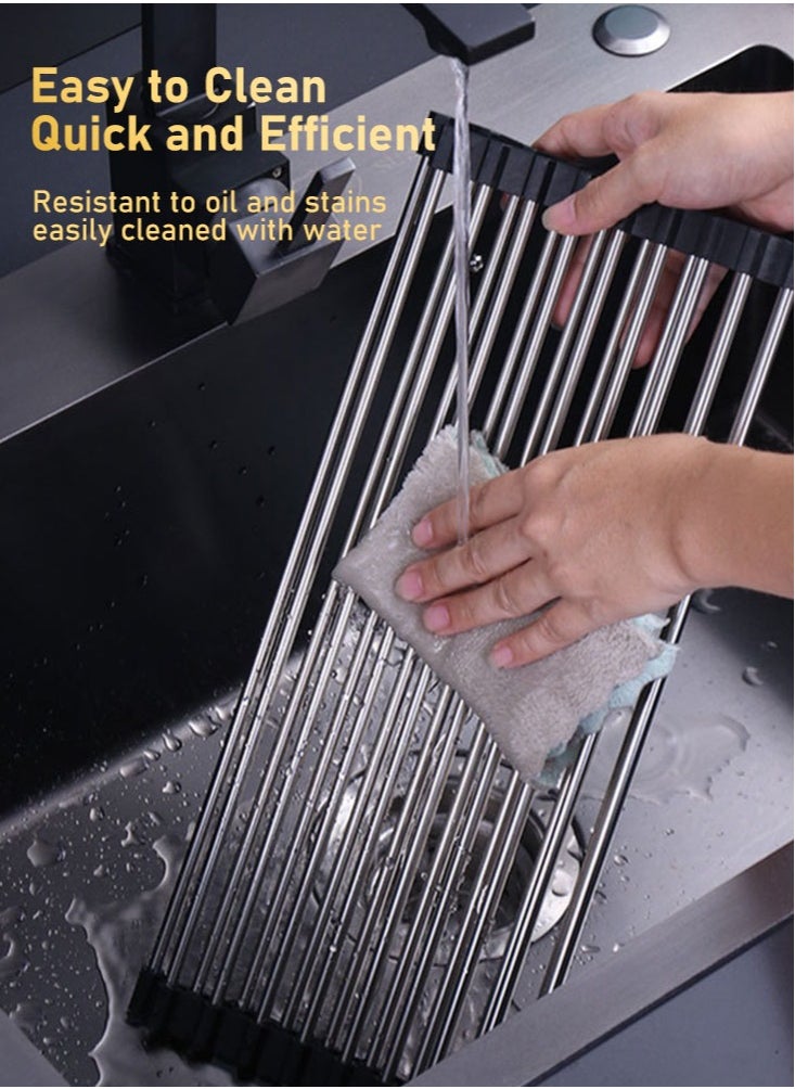 Perfii 2pcs Large Roll Up Dish Drying Rack, Multipurpose Stainless Steel Kitchen Drainer Rack Over Sink  - Image 3