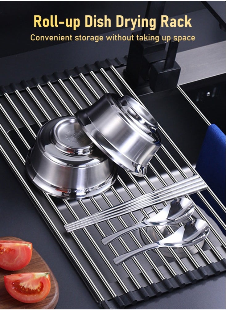 Perfii 2pcs Large Roll Up Dish Drying Rack, Multipurpose Stainless Steel Kitchen Drainer Rack Over Sink  - Image 2