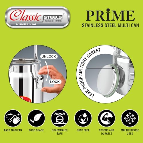Classic Steels Leak Proof Prime Multi Can(2.5 Liters)-Air Tight,Stainless Steel Storage Can Useable As Steel Dabba,Milk,Ghee,Oil Storage,Etc. Heavy Jointless Body,Induction Compatible.,Silver - Image 5