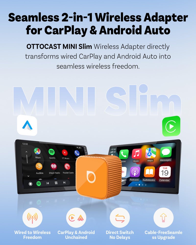 OTTOCAST 2026 New Mini Slim [USB C], 2-in-1 Wireless CarPlay Adapter & Android Auto Adapter, Plug & Play, 5s Auto-Connect Wireless Carplay Dongle for Factory Wired Cars, iPhone & Android Orange - Image 2