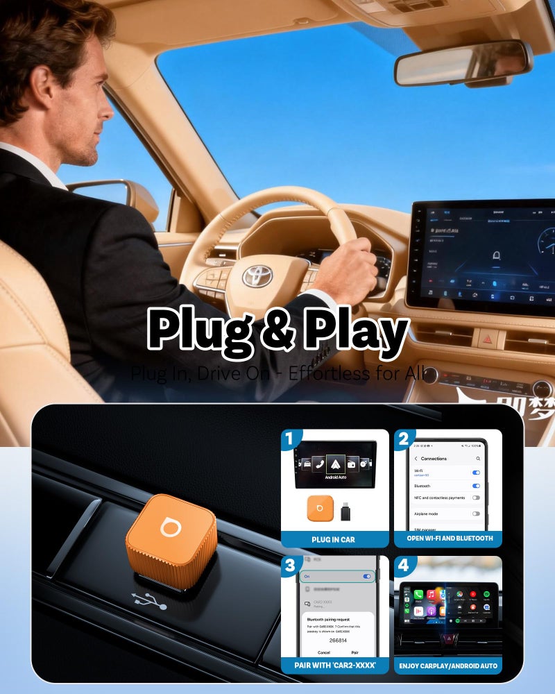 OTTOCAST 2026 New Mini Slim [USB C], 2-in-1 Wireless CarPlay Adapter & Android Auto Adapter, Plug & Play, 5s Auto-Connect Wireless Carplay Dongle for Factory Wired Cars, iPhone & Android Orange - Image 3
