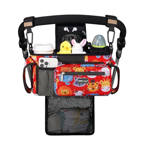 TOPDesign Universal Baby Stroller Organizer Stroller Caddy with Detachable Mesh Bag Heightened Insulated Cup Holders NonSlip Secure Hooks Accessories Fits Most Strollers Zoo 3 - Image 1