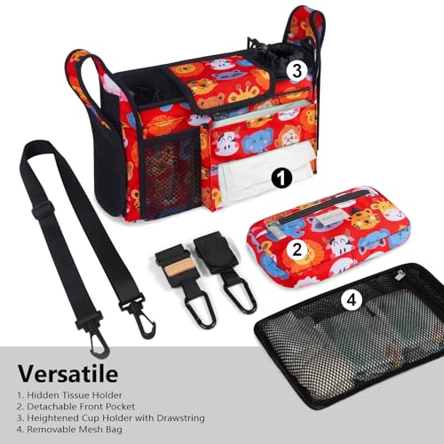 TOPDesign Universal Baby Stroller Organizer Stroller Caddy with Detachable Mesh Bag Heightened Insulated Cup Holders NonSlip Secure Hooks Accessories Fits Most Strollers Zoo 3 - Image 3
