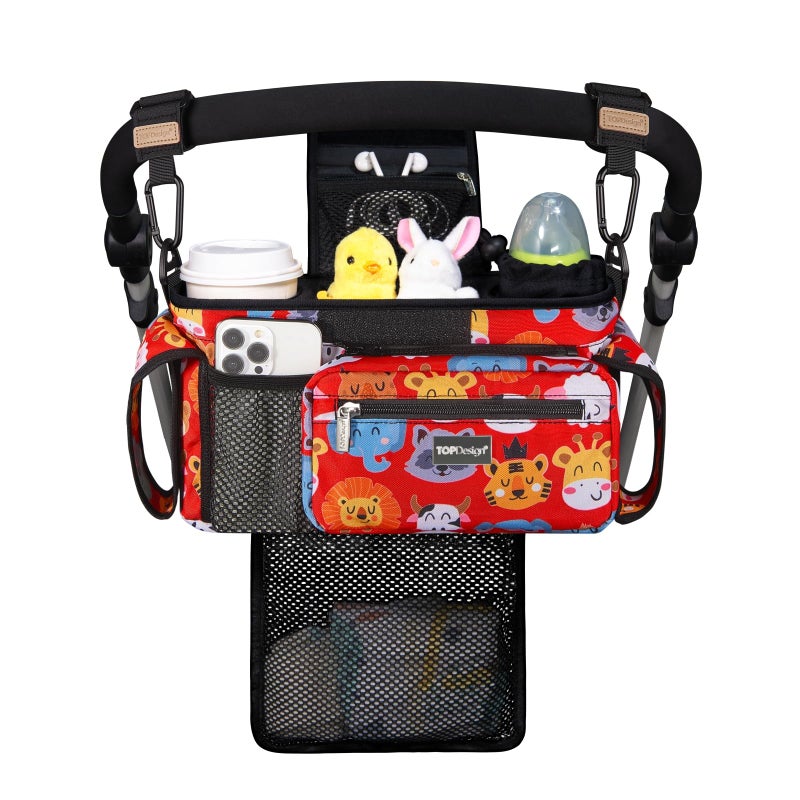 TOPDesign Universal Baby Stroller Organizer Stroller Caddy with Detachable Mesh Bag Heightened Insulated Cup Holders NonSlip Secure Hooks Accessories Fits Most Strollers Zoo 3 - Image 2