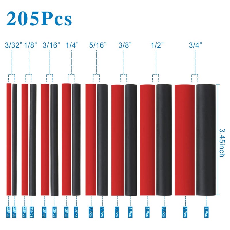 XHF 205 PCS Length 3.5" Black&Red 3:1 Waterproof Automotive Electrical Heat Shrink Tubing Assortment Kit Large Size Marine Grade Adhesive Lined Tube, Insulation Sealing - Image 5