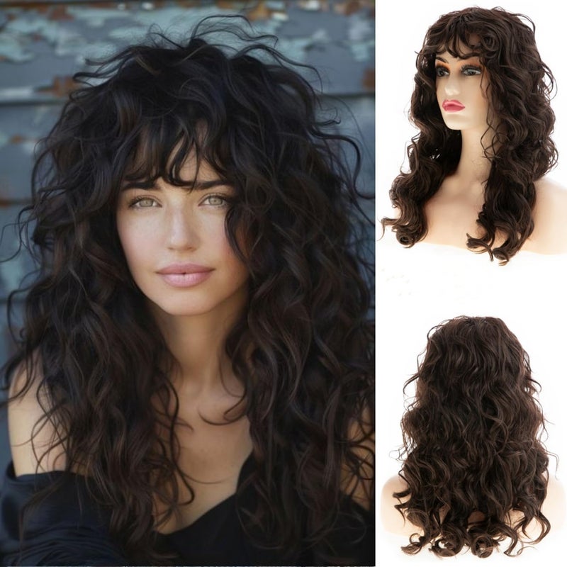 Long Curly Wavy Brown Wig for Women Long Dark Brown Wig with Bangs Heat Resistant Synthetic Hair Cosplay Party Costume Wig