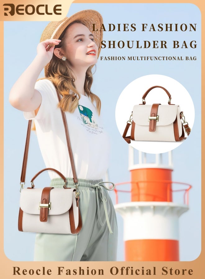 REOCLE Women's Genuine Leather Handbag Retro Style Square Handbag with Soft Top Handle Crossbody Shoulder Bag Trendy Exquisite Wear-resistant Bag for Daily Wear - Image 1