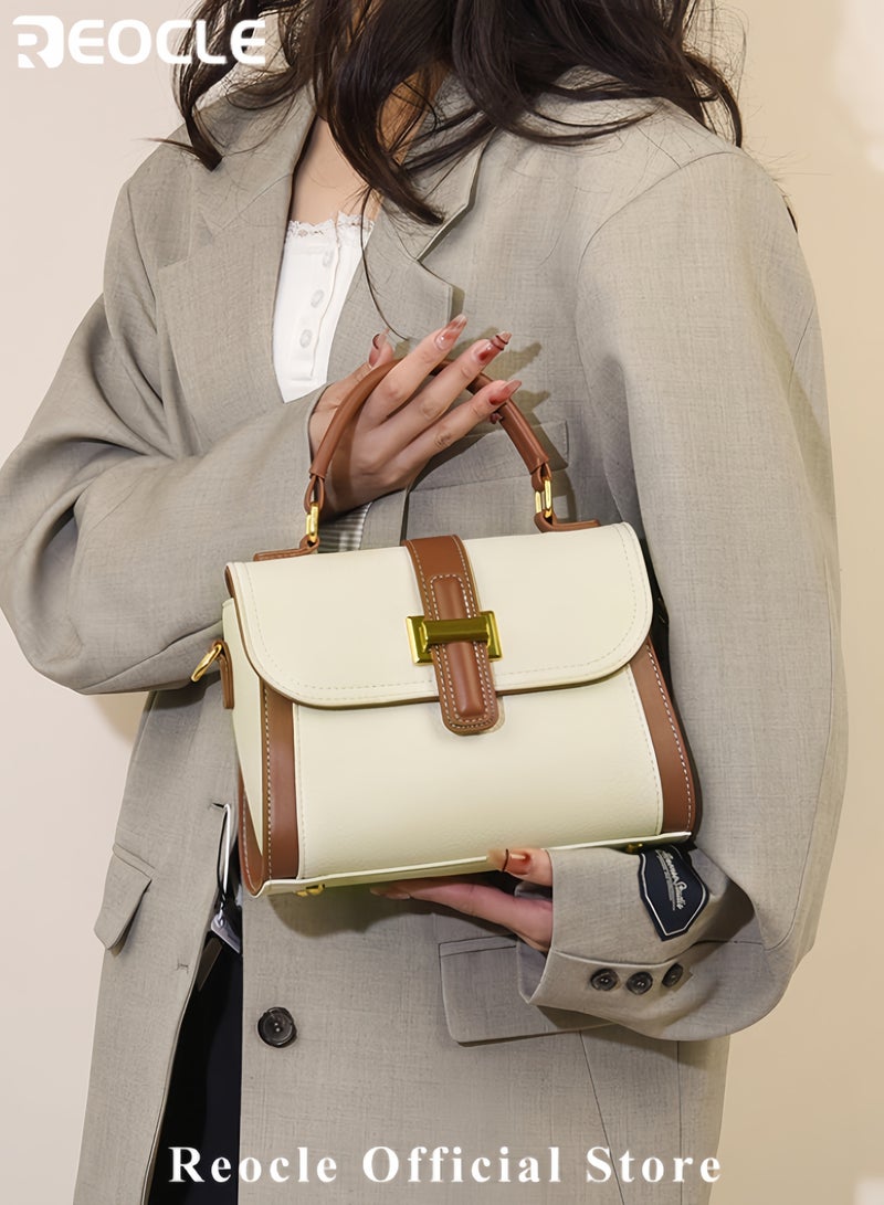 REOCLE Women's Genuine Leather Handbag Retro Style Square Handbag with Soft Top Handle Crossbody Shoulder Bag Trendy Exquisite Wear-resistant Bag for Daily Wear - Image 2