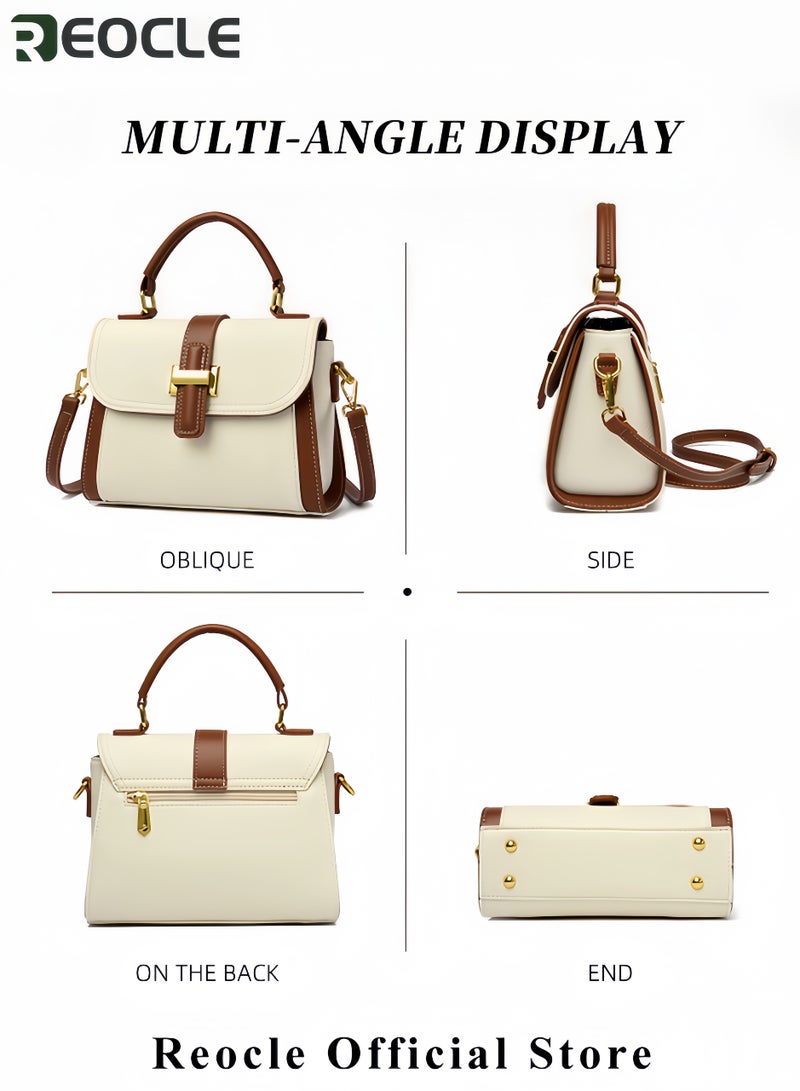 REOCLE Women's Genuine Leather Handbag Retro Style Square Handbag with Soft Top Handle Crossbody Shoulder Bag Trendy Exquisite Wear-resistant Bag for Daily Wear - Image 4