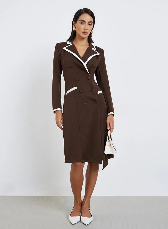 Styli Brown Contrast Piping Blazer Knee Length Dress