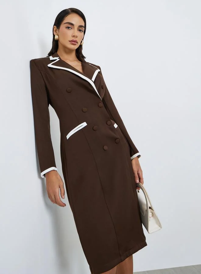 Styli Brown Contrast Piping Blazer Knee Length Dress