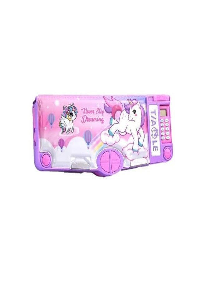 GETNAKSH Plastic Multifunctional School Pencil Box with Calculator Cute Cartoon Stationary Compass Geometry Kids with Inbuilt Scissor Ruler Eraser Magnetic Box Best (Pink Unicorn Calculator 15) - Image 1