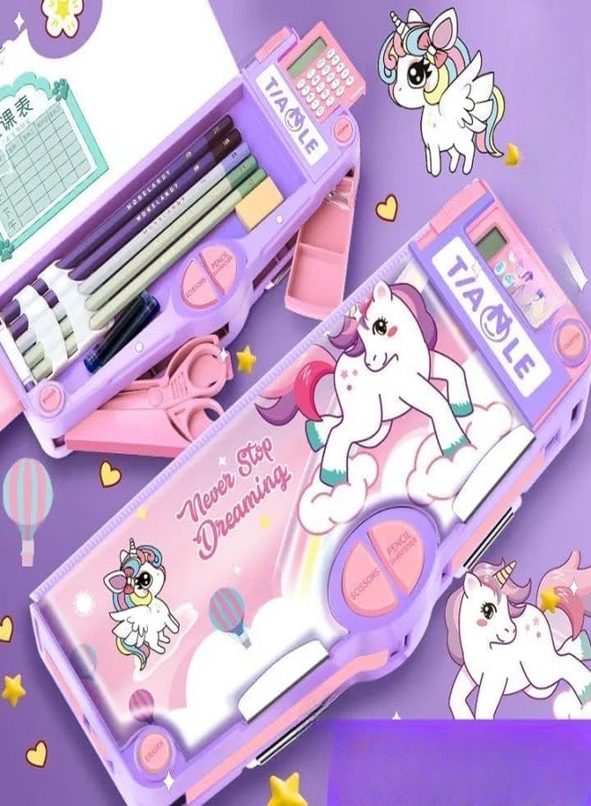GETNAKSH Plastic Multifunctional School Pencil Box with Calculator Cute Cartoon Stationary Compass Geometry Kids with Inbuilt Scissor Ruler Eraser Magnetic Box Best (Pink Unicorn Calculator 15) - Image 2