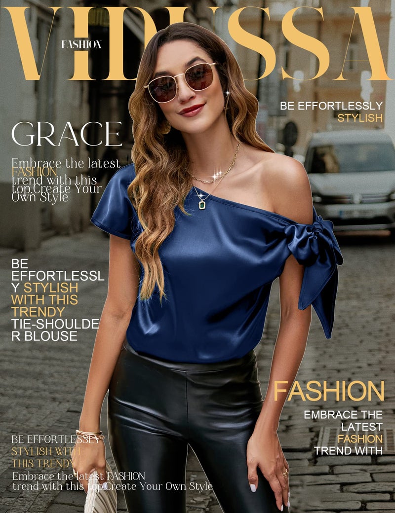 VIDUSSA Women's Off Shoulder Silk Tops Casual Short Sleeve Asymmetrical Neck Satin Blouse Shirts Navy Blue L - Image 3