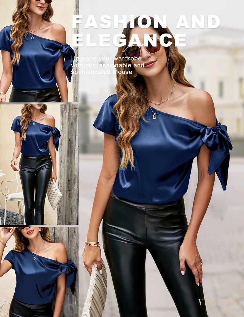 VIDUSSA Women's Off Shoulder Silk Tops Casual Short Sleeve Asymmetrical Neck Satin Blouse Shirts Navy Blue L - Image 2