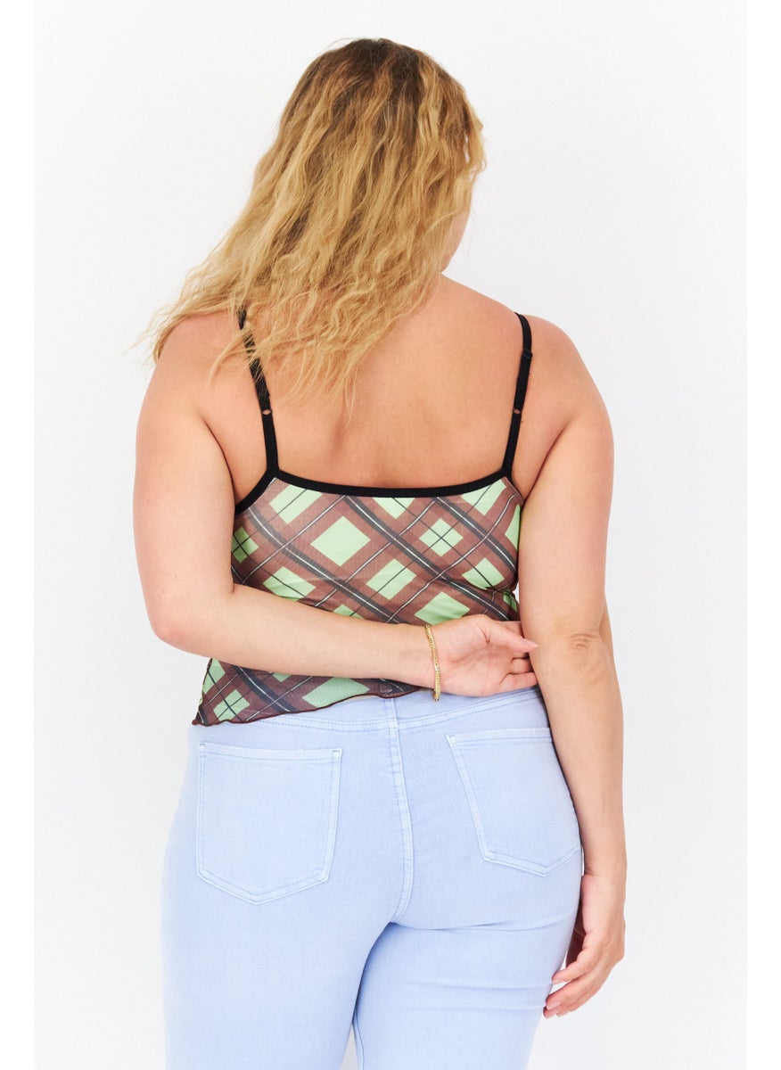 X-Girl Women Scoop Neck Diamond Plaid Tank Top, Green Combo  - Image 3