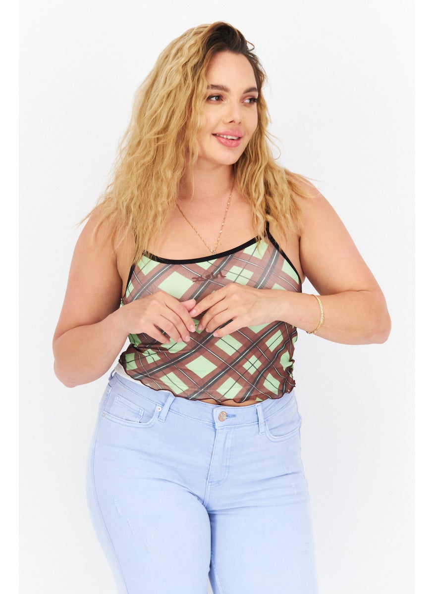 X-Girl Women Scoop Neck Diamond Plaid Tank Top, Green Combo  - Image 1