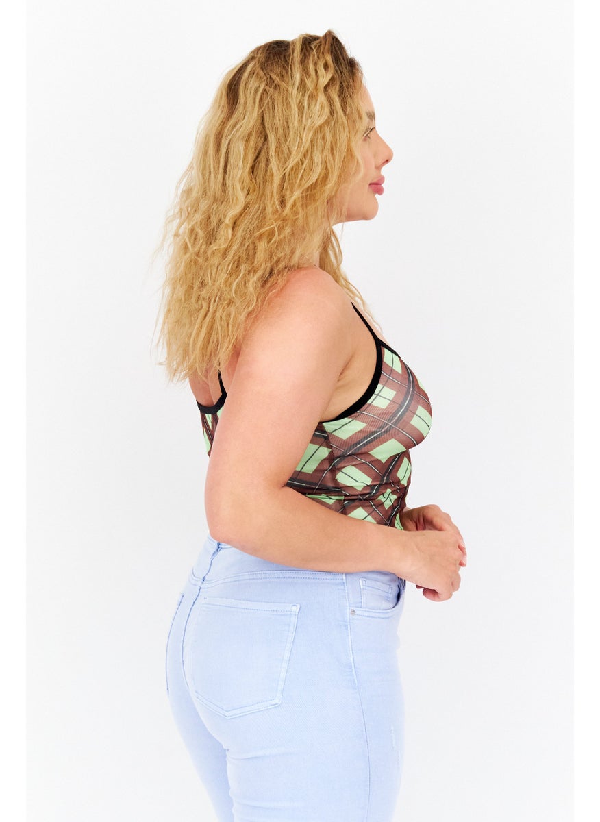 X-Girl Women Scoop Neck Diamond Plaid Tank Top, Green Combo  - Image 4