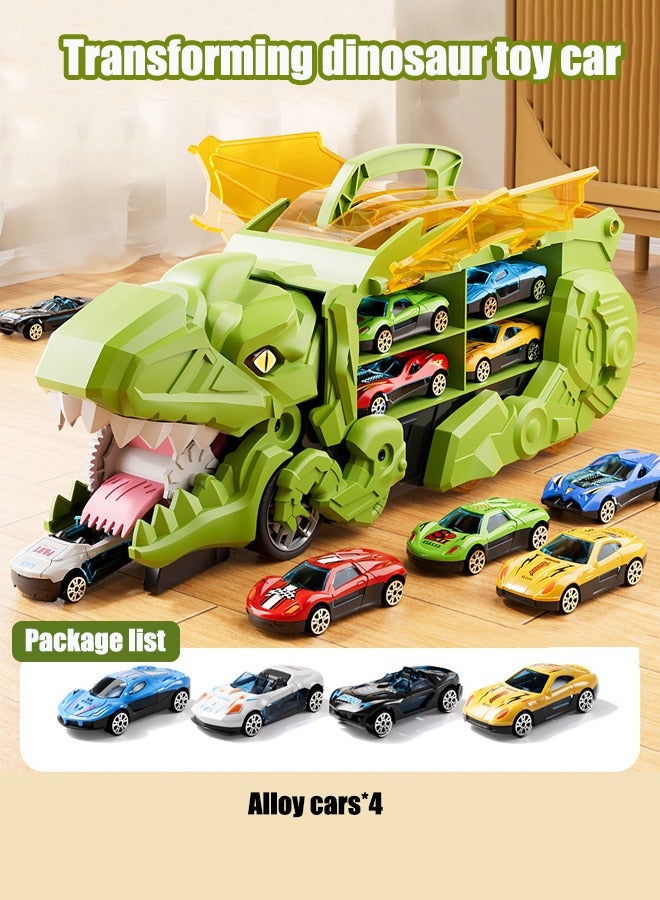 Dinosaur devouring car toy, dinosaur track transporter, car track set, dinosaur transport truck, dinosaur transport truck with tracks with 4 alloy cars  - Image 1