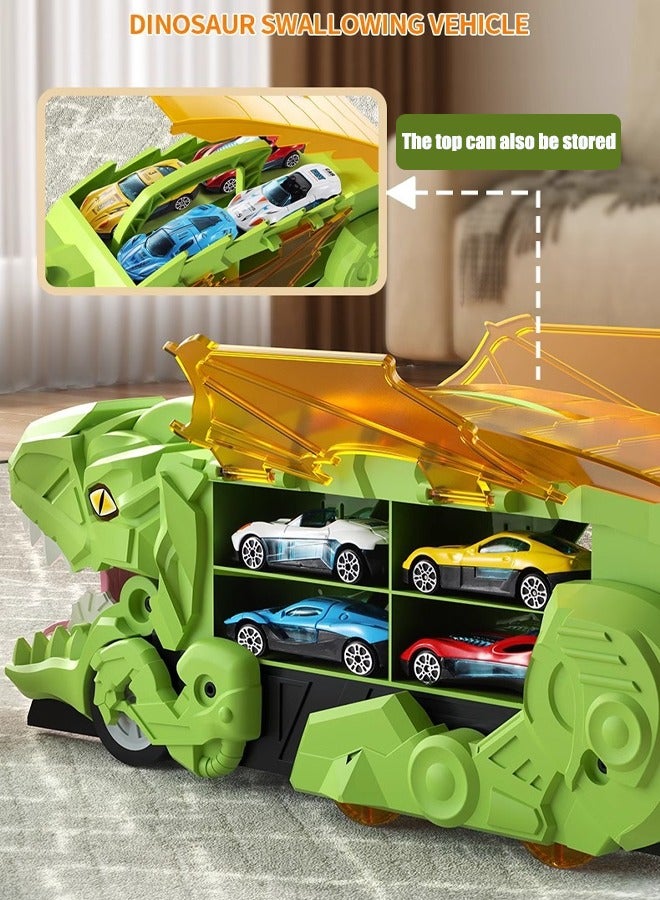 Dinosaur devouring car toy, dinosaur track transporter, car track set, dinosaur transport truck, dinosaur transport truck with tracks with 4 alloy cars  - Image 3