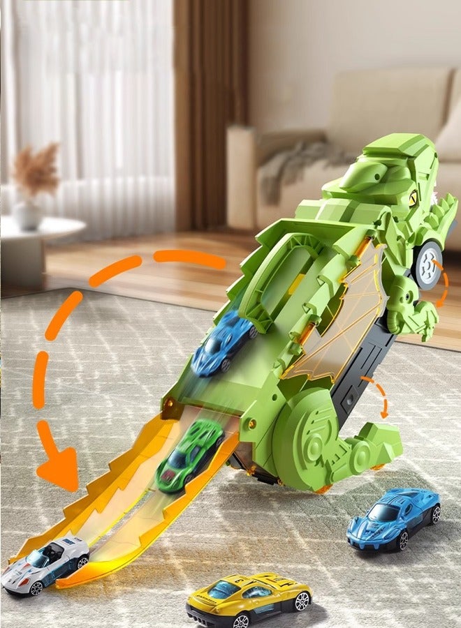 Dinosaur devouring car toy, dinosaur track transporter, car track set, dinosaur transport truck, dinosaur transport truck with tracks with 4 alloy cars  - Image 5