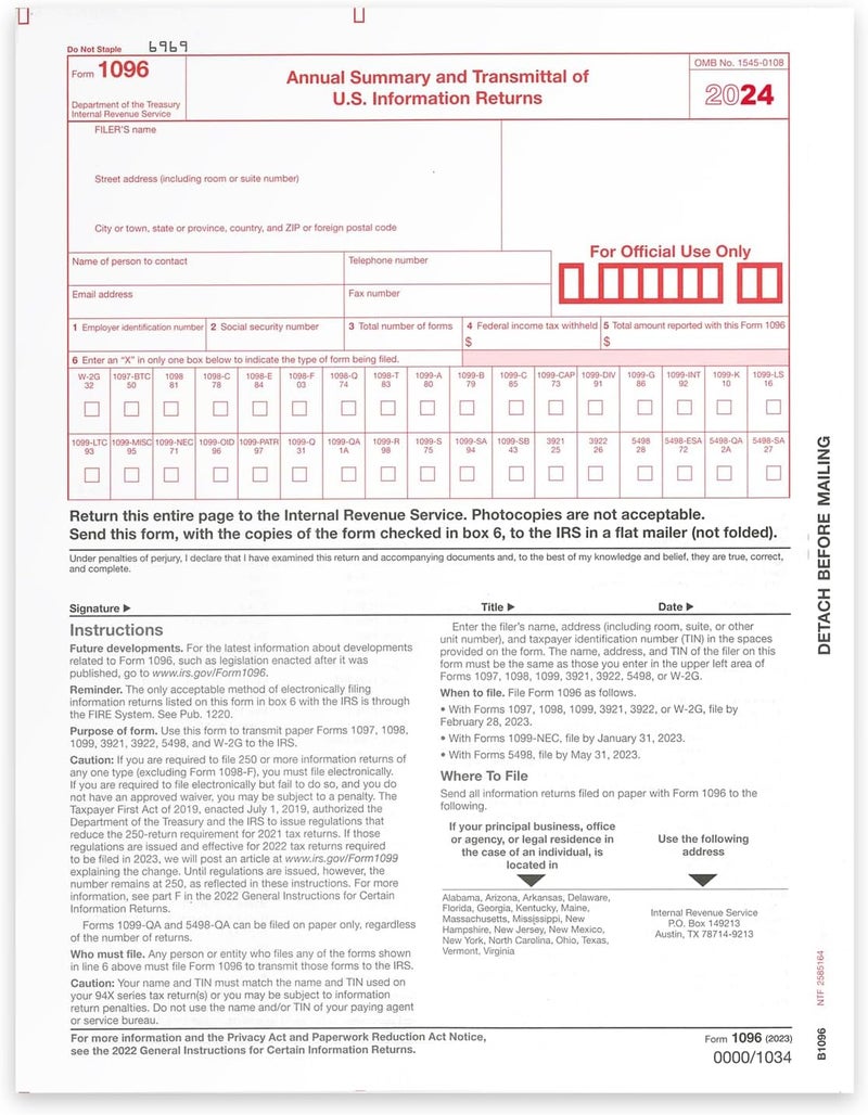 NextDayLabels 1096 Transmittal 2024 Tax Forms, Pack of 25, for Laser or Inkjet Printers, Quickbooks and Other Accounting Software Compatible - Image 1