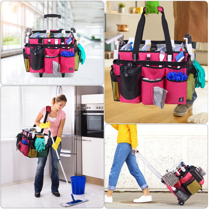 Timoxi Extra large Rolling Cleaning caddy bag Built-in Hard Support Board,Cleaning Cart with Detachable Trolley, Housekeeping Cleaning caddy with Adjustable Shoulder Strap and Multiple Storage Pockets - Image 2