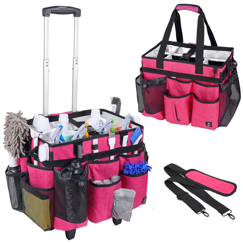 Timoxi Extra large Rolling Cleaning caddy bag Built-in Hard Support Board,Cleaning Cart with Detachable Trolley, Housekeeping Cleaning caddy with Adjustable Shoulder Strap and Multiple Storage Pockets - Image 1