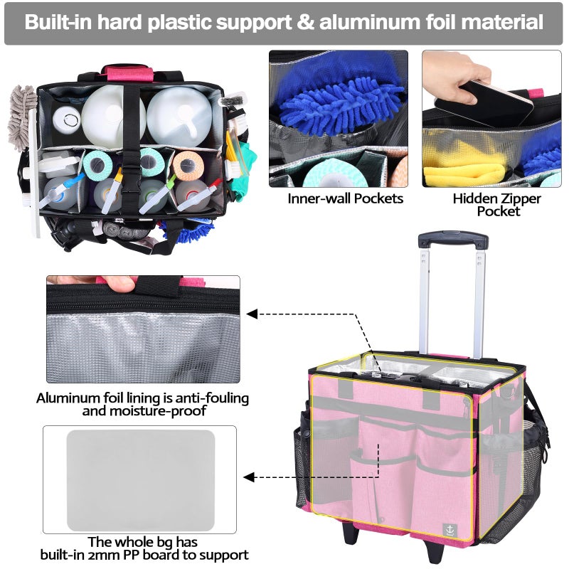 Timoxi Extra large Rolling Cleaning caddy bag Built-in Hard Support Board,Cleaning Cart with Detachable Trolley, Housekeeping Cleaning caddy with Adjustable Shoulder Strap and Multiple Storage Pockets - Image 4