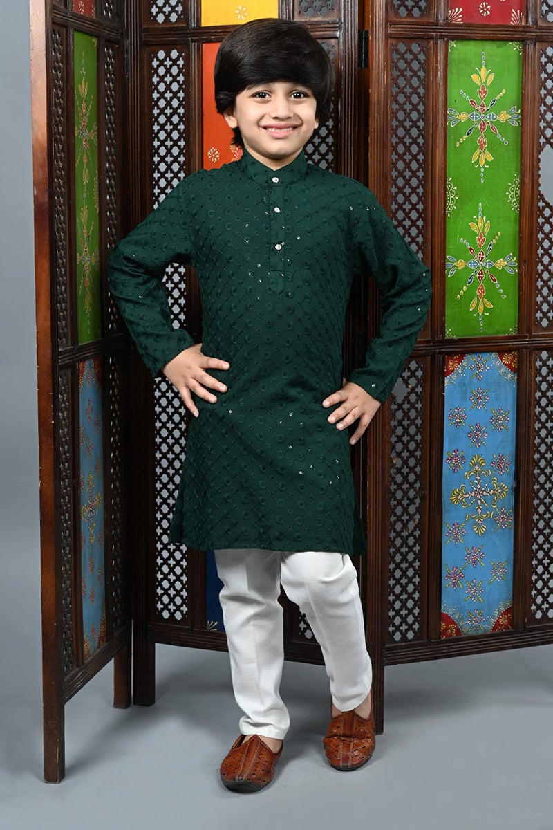 AHHAAAA Boys Cotton Floral Sequin Print Embroidery Mirror Work Kurta With Pajama Set (Green, 2-3 Yrs) 503Mf, 2-3 Years - Image 2