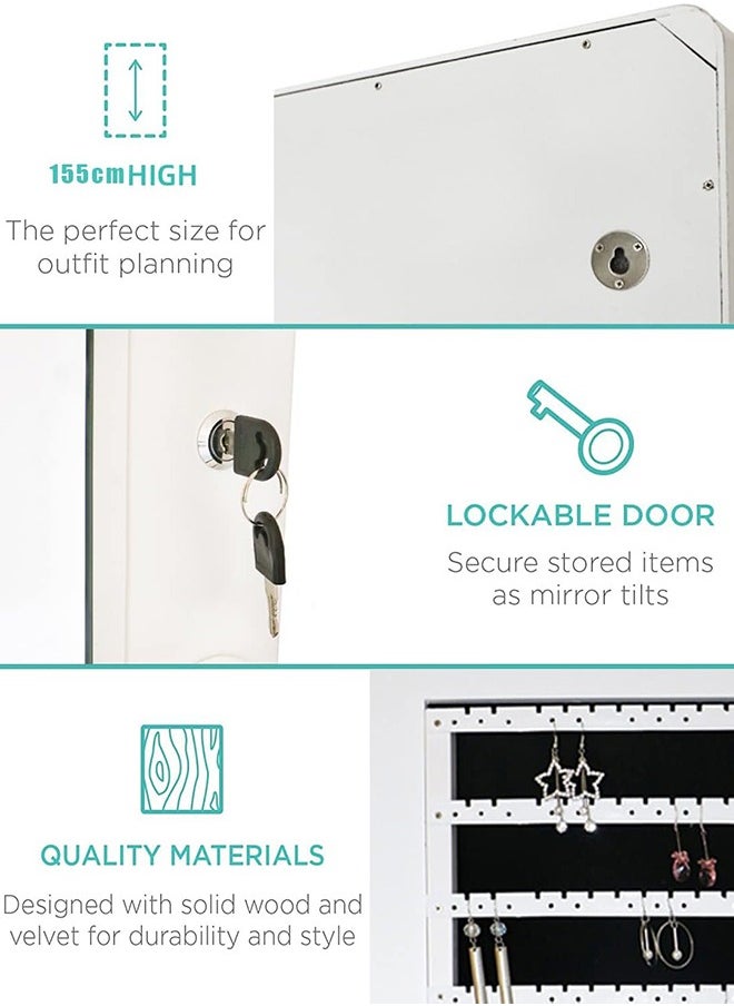 Garlo Mirror Jewelry Cabinet, Standing Jewelry Mirror Armoire, Jewelry Mirror, Lockable Jewelry Storage Organizer Cabinet Velvet Interior, 3 Angle Adjustments - White  - Image 3