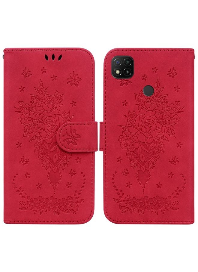 HuHa Case Cover For Xiaomi Redmi 9C Butterfly Rose Embossed Leather Phone Case Red 