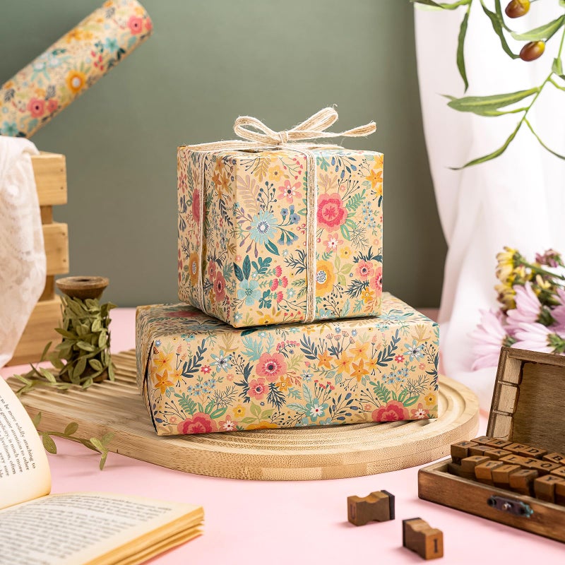 WRAPAHOLIC Kraft Floral Wrapping Paper Roll - Mini Roll - 17 Inch x 9.8 Feet - Spring Summer Garden Flower Design Perfect for Wedding, Bridal Shower, Birthday - Image 5