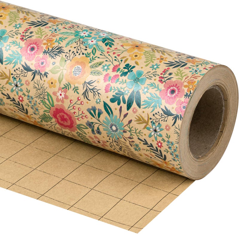 WRAPAHOLIC Kraft Floral Wrapping Paper Roll - Mini Roll - 17 Inch x 9.8 Feet - Spring Summer Garden Flower Design Perfect for Wedding, Bridal Shower, Birthday - Image 2