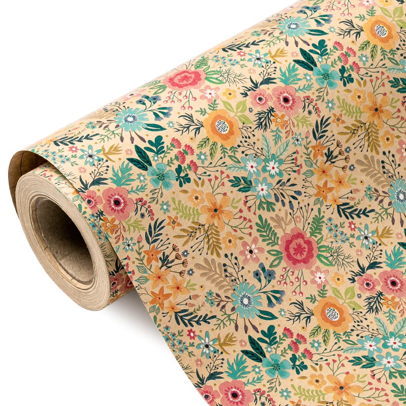 WRAPAHOLIC Kraft Floral Wrapping Paper Roll - Mini Roll - 17 Inch x 9.8 Feet - Spring Summer Garden Flower Design Perfect for Wedding, Bridal Shower, Birthday - Image 1