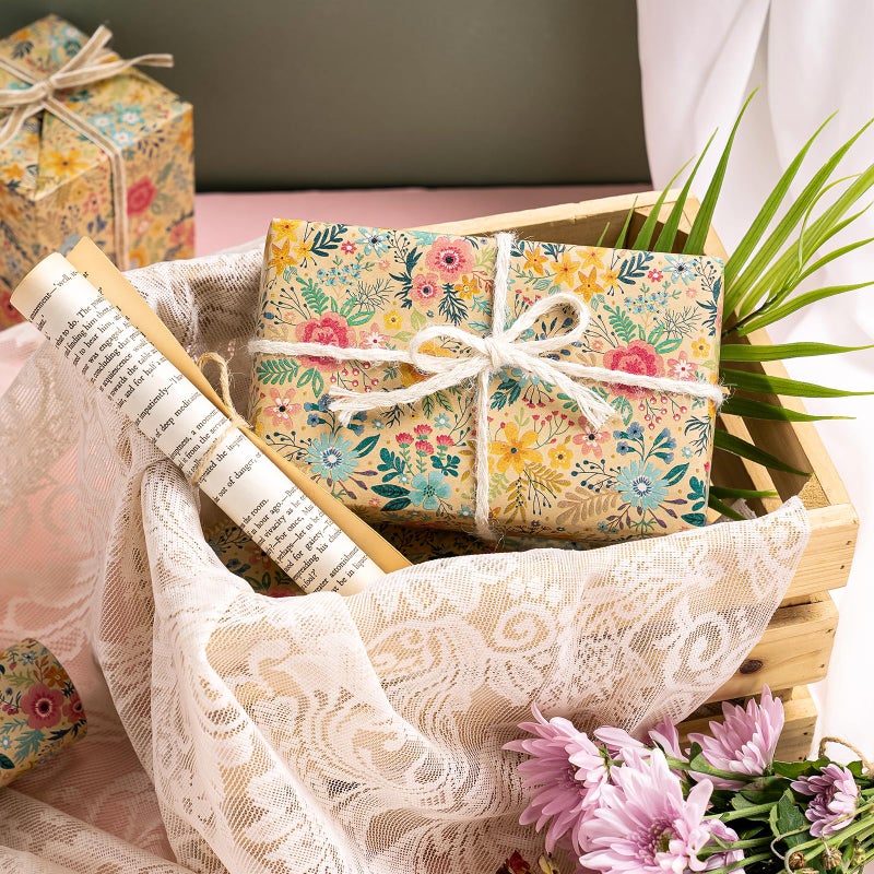 WRAPAHOLIC Kraft Floral Wrapping Paper Roll - Mini Roll - 17 Inch x 9.8 Feet - Spring Summer Garden Flower Design Perfect for Wedding, Bridal Shower, Birthday - Image 4