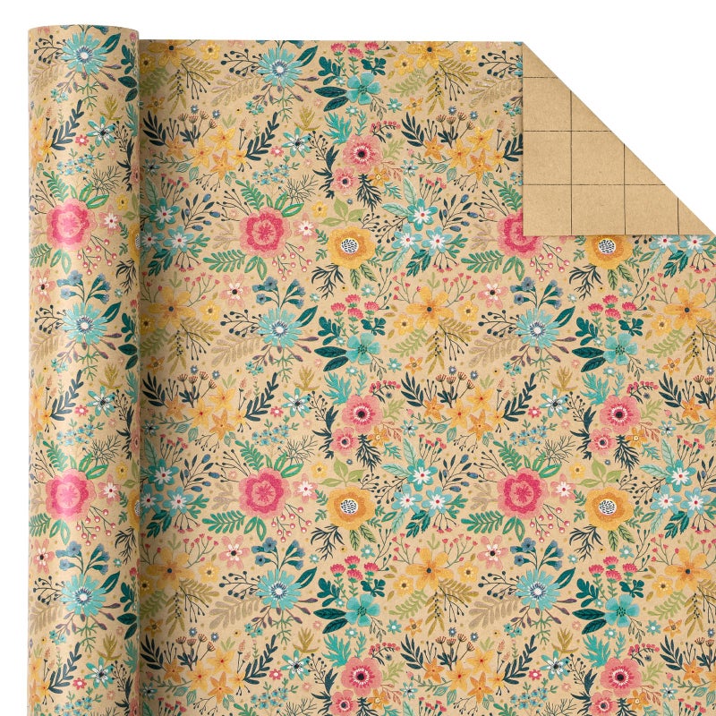 WRAPAHOLIC Kraft Floral Wrapping Paper Roll - Mini Roll - 17 Inch x 9.8 Feet - Spring Summer Garden Flower Design Perfect for Wedding, Bridal Shower, Birthday - Image 3
