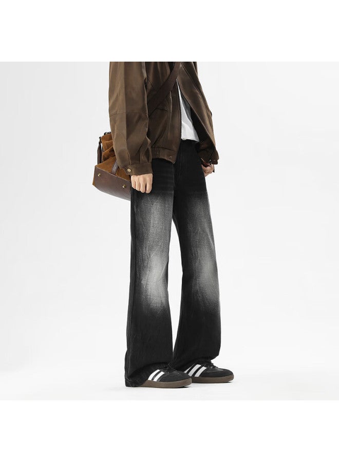 Homlean Washed Vintage Denim Jeans Autumn Men's Straight Fit Draped American High Street Casual Trousers Hs39 Black Gray M - Image 2