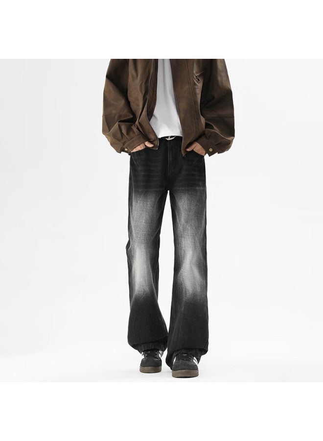Homlean Washed Vintage Denim Jeans Autumn Men's Straight Fit Draped American High Street Casual Trousers Hs39 Black Gray M - Image 1