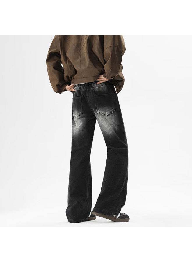 Homlean Washed Vintage Denim Jeans Autumn Men's Straight Fit Draped American High Street Casual Trousers Hs39 Black Gray M - Image 3