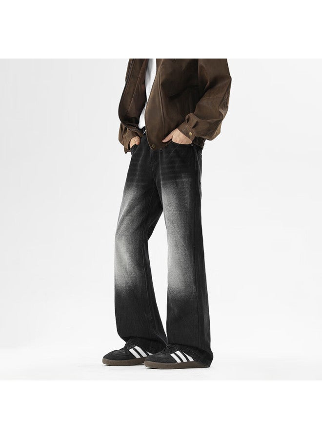 Homlean Washed Vintage Denim Jeans Autumn Men's Straight Fit Draped American High Street Casual Trousers Hs39 Black Gray M - Image 4