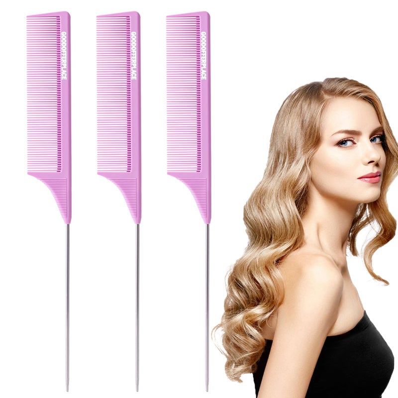 Goodofferplace 3 PCS Rat Tail Combs Parting Rattail Teasing Fine Tooth Comb with Metal Pick for Curly HairDetangling Parting Combs for Womenfor BraidingStyling HairPurple