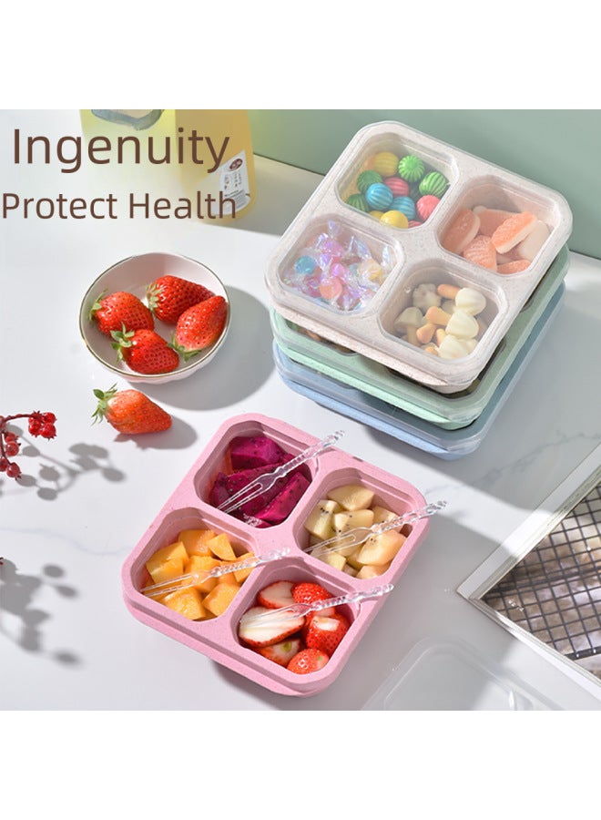 Candy-colored Partitioned Non-leaking Lunch Box Four-grid Snack Pastry Nut Covered Platter Straw Rice Box Add Logo-Specifications:3-compartment Lunch Box-green - Image 2