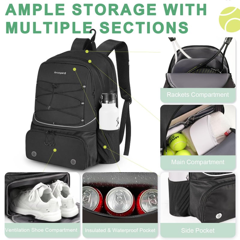 Arcoyard Tennis Bag, Large Tennis Bags For Women, Tennis Backpack with Ventilated Shoe Compartment and Insulated Pocket, Hold 2 Tennis Pickleball Rackets, Tennis Pickleball Balls and More (black) - Image 3