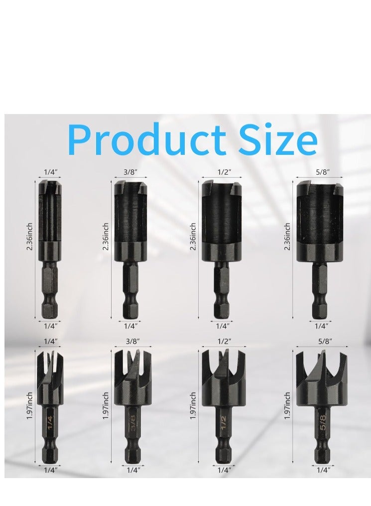Yakumuz 8 Pack Wood Plug Cutter Drill Bit Set, Yakumuz Straight and Tapered Taper Cutting Tool 1/4", 5/16", 3/8", 1/2", 1/4 Inch Hex Shank, Black - Image 2