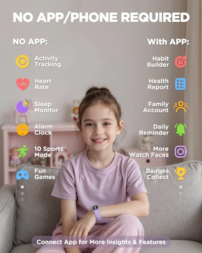 BIGGERFIVE Vigor 3 Kids Fitness Tracker Watch, AMOLED Screen, No App No Phone Needed, 3ATM Waterproof, Heart Rate and Sleep Monitor, Pedometer Watch, Sports Step Counter for Girls Ages 5-15, Lilac - Image 3