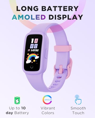 BIGGERFIVE Vigor 3 Kids Fitness Tracker Watch, AMOLED Screen, No App No Phone Needed, 3ATM Waterproof, Heart Rate and Sleep Monitor, Pedometer Watch, Sports Step Counter for Girls Ages 5-15, Lilac - Image 2