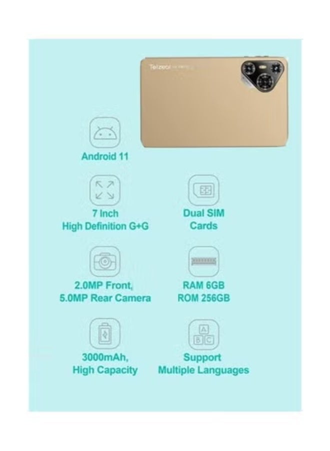 Telzeal P700 5G Android Tablet – 7-Inch HD Display – Dual SIM with 6GB RAM & 256GB ROM – Slim Lightweight Design – 3000mAh Battery – Wi-Fi, Bluetooth, Fast Connectivity – Ideal for Travel, Kids & Daily Use – Gold – Compact & Stylish Android Device - Image 3